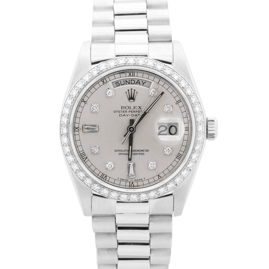 Rolex Day-Date President Silver FACTORY DIAMOND BEZEL 36mm 950 Platinum 18046