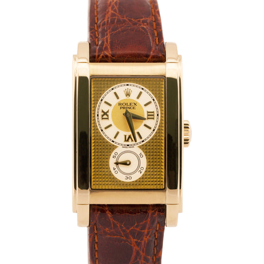MINT Rolex Cellini Prince 18K Yellow Gold CHAMPAGNE Leather 35mm x 28mm 5440/8