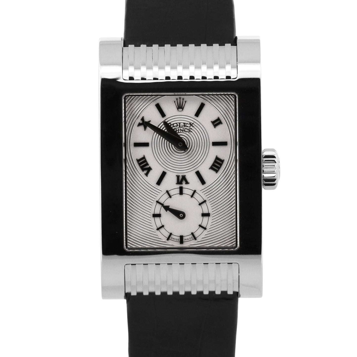 Rolex Cellini Prince SILVER ROMAN 18K White Gold Black Leather 28mm 5441/9