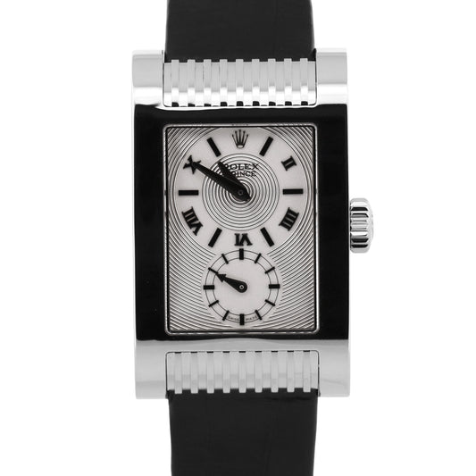 Rolex Cellini Prince SILVER ROMAN 18K White Gold Black Leather 28mm 5441/9