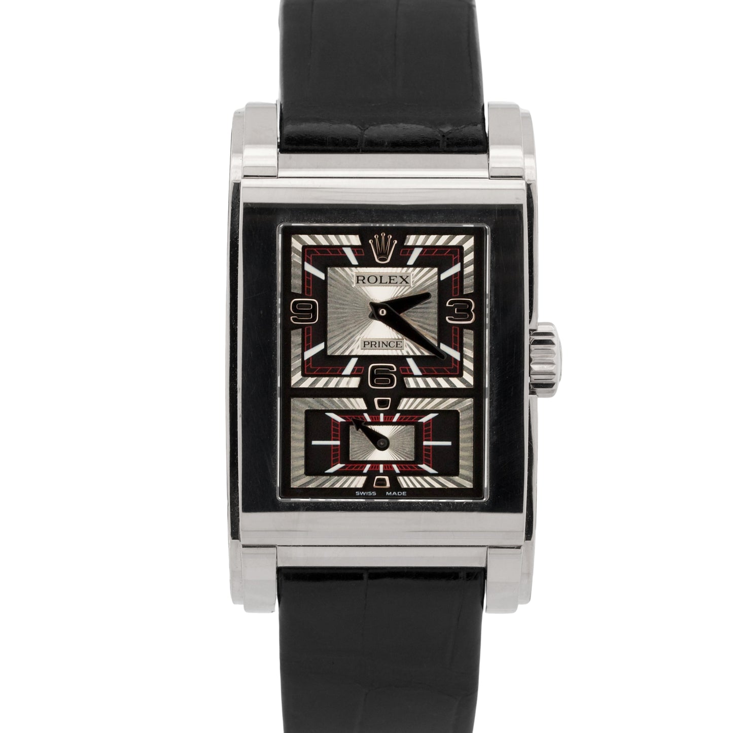 STICKERED Rolex Cellini Prince Dual Time BLACK 18K Gold 38mm x 28mm 5443/9 BOX