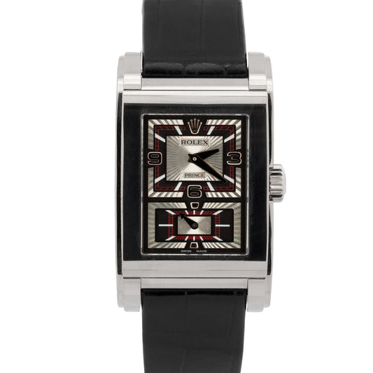 STICKERED Rolex Cellini Prince Dual Time BLACK 18K Gold 38mm x 28mm 5443/9 BOX
