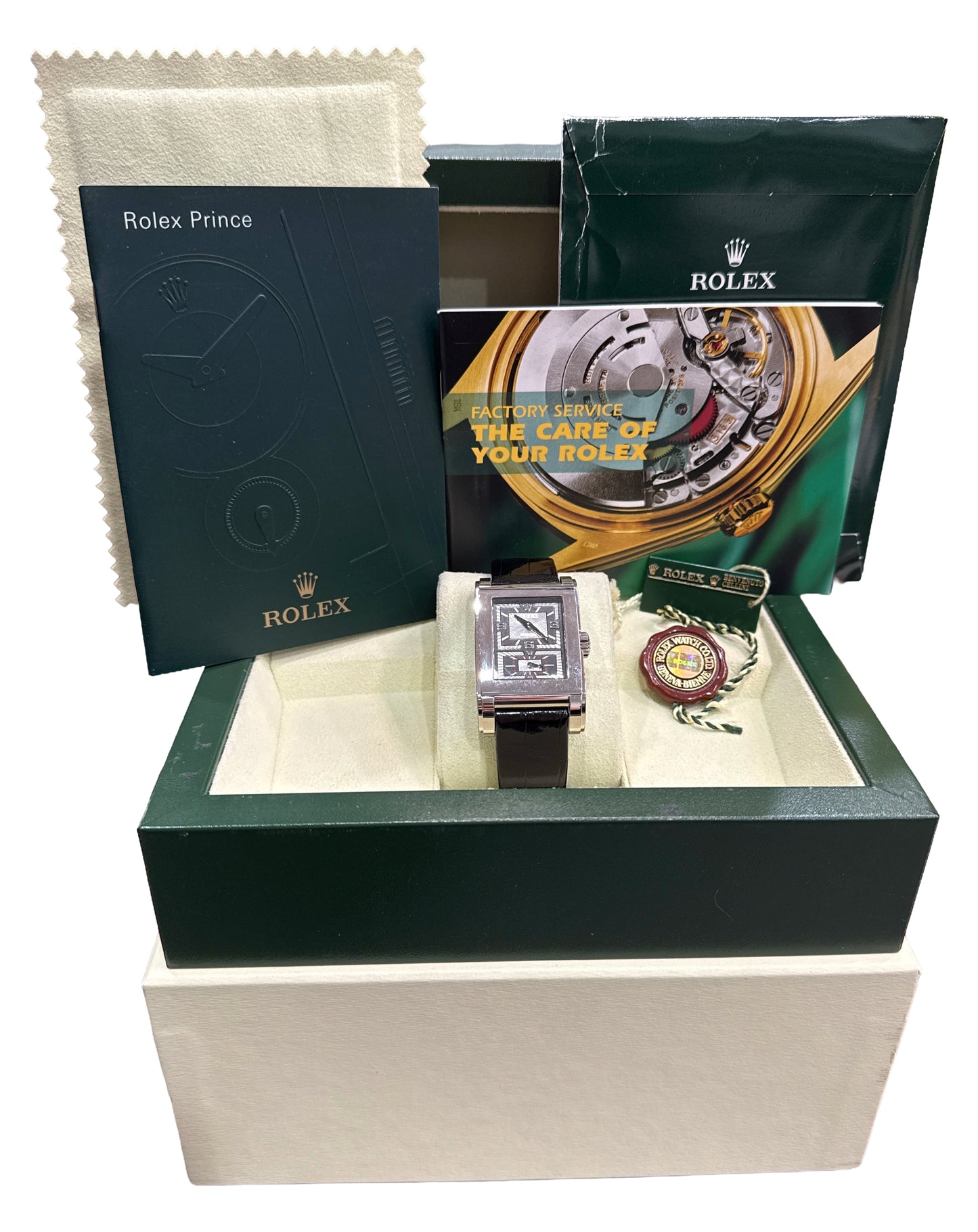 STICKERED Rolex Cellini Prince Dual Time BLACK 18K Gold 38mm x 28mm 5443/9 BOX