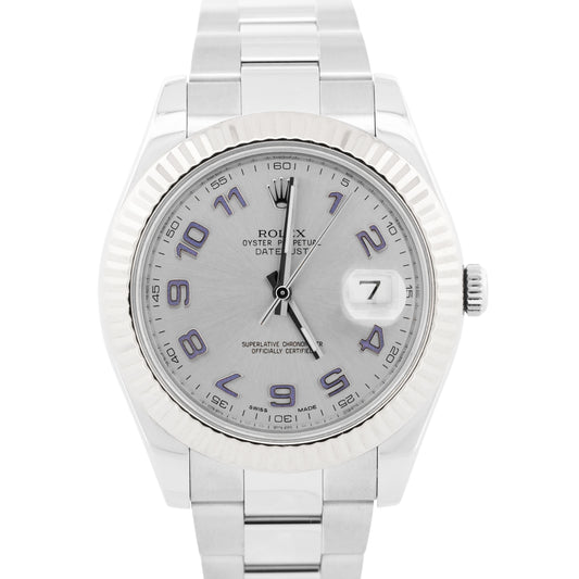 Rolex DateJust II 41mm SILVER Purple Arabic Steel 18K Gold Watch 116334 BOX