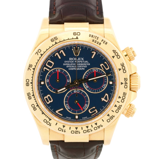 PAPERS Rolex Daytona Cosmograph BLUE RACING 18K Yellow Gold Leather 116518 BOX