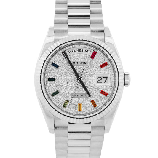 PAPERS Rolex Day-Date 18K GOLD FACTORY PAVE RAINBOW DIAMOND SAPPHIRE 128239 BOX
