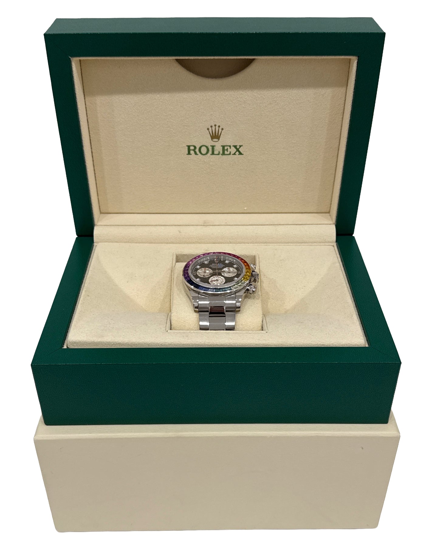Rolex Daytona Cosmograph RAINBOW DIAMOND 18K White Gold Chronograph 116509 BOX