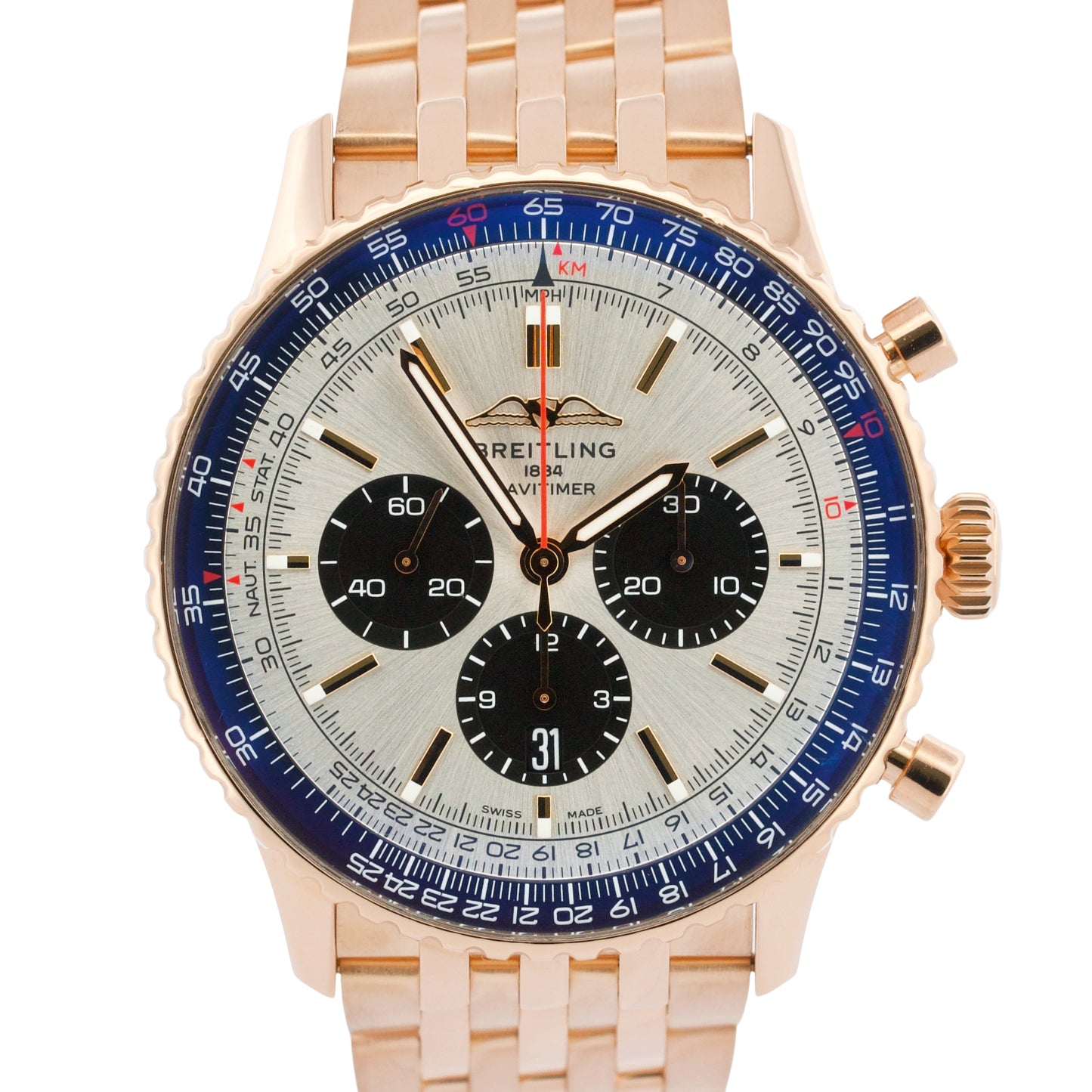 Breitling Navitimer B01 Chronograph SILVER 18K Rose Gold RB0137 46mm Watch BOX