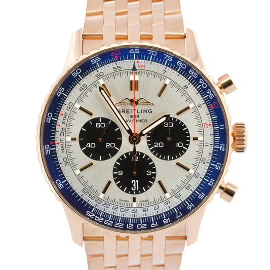 Breitling Navitimer B01 Chronograph SILVER 18K Rose Gold RB0137 46mm Watch BOX