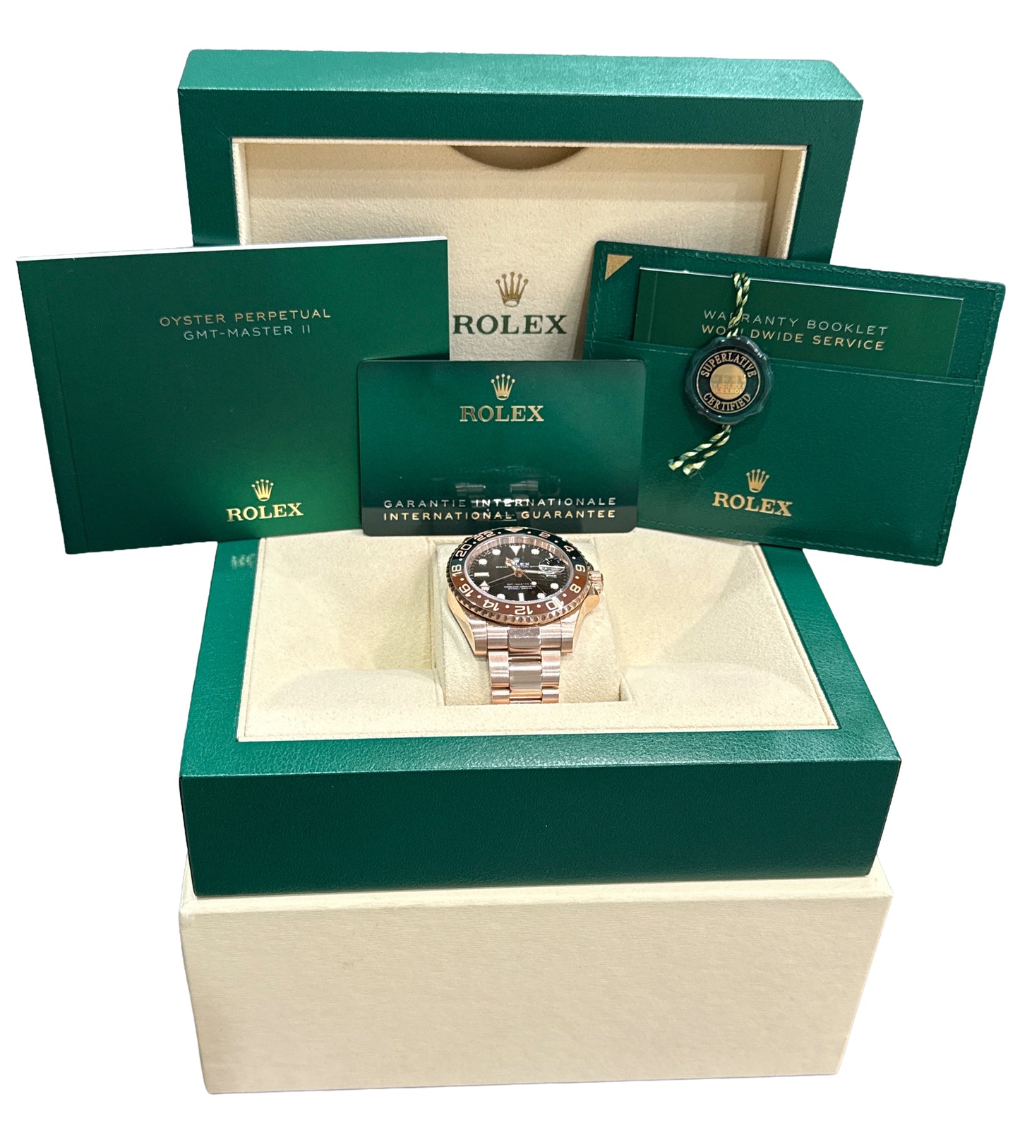 2020 PAPERS Rolex GMT-Master II ROOT BEER 18K Rose Gold 40mm 126715 CHNR BOX