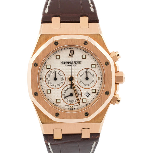 Audemars Piguet Royal Oak Chronograph WHITE 18k Rose Gold Leather 39mm 26022OR