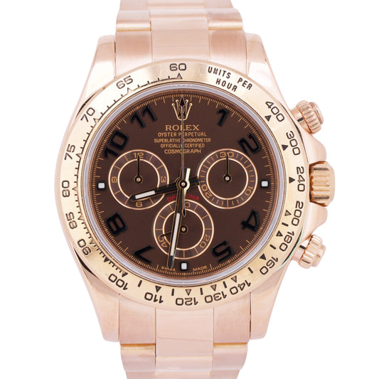 PAPERS Rolex Daytona CHOCOLATE ARABIC 40mm Brown 18K Rose Gold Watch 116505 BOX