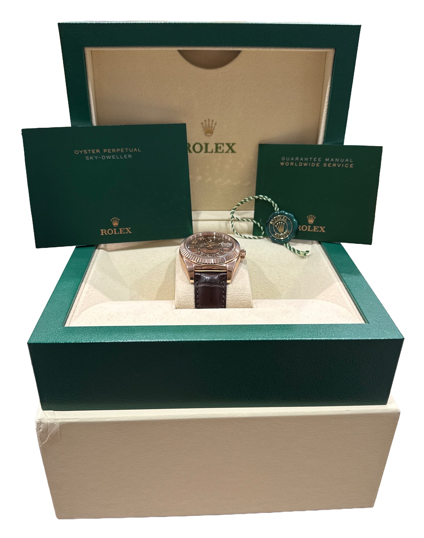 Rolex Sky-Dweller 42mm CHOCOLATE ARABIC Brown 18K Rose Gold LEATHER 326135 BOX