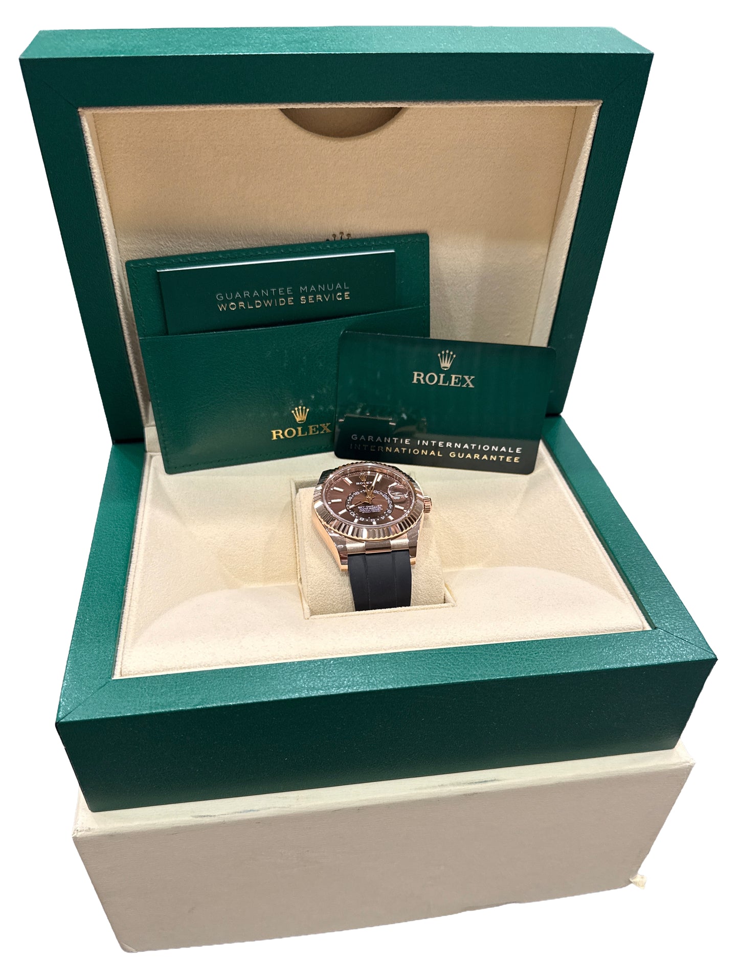 2023 PAPERS Rolex Sky-Dweller CHOCOLATE Brown 18K Oysterflex 326235 42mm BOX
