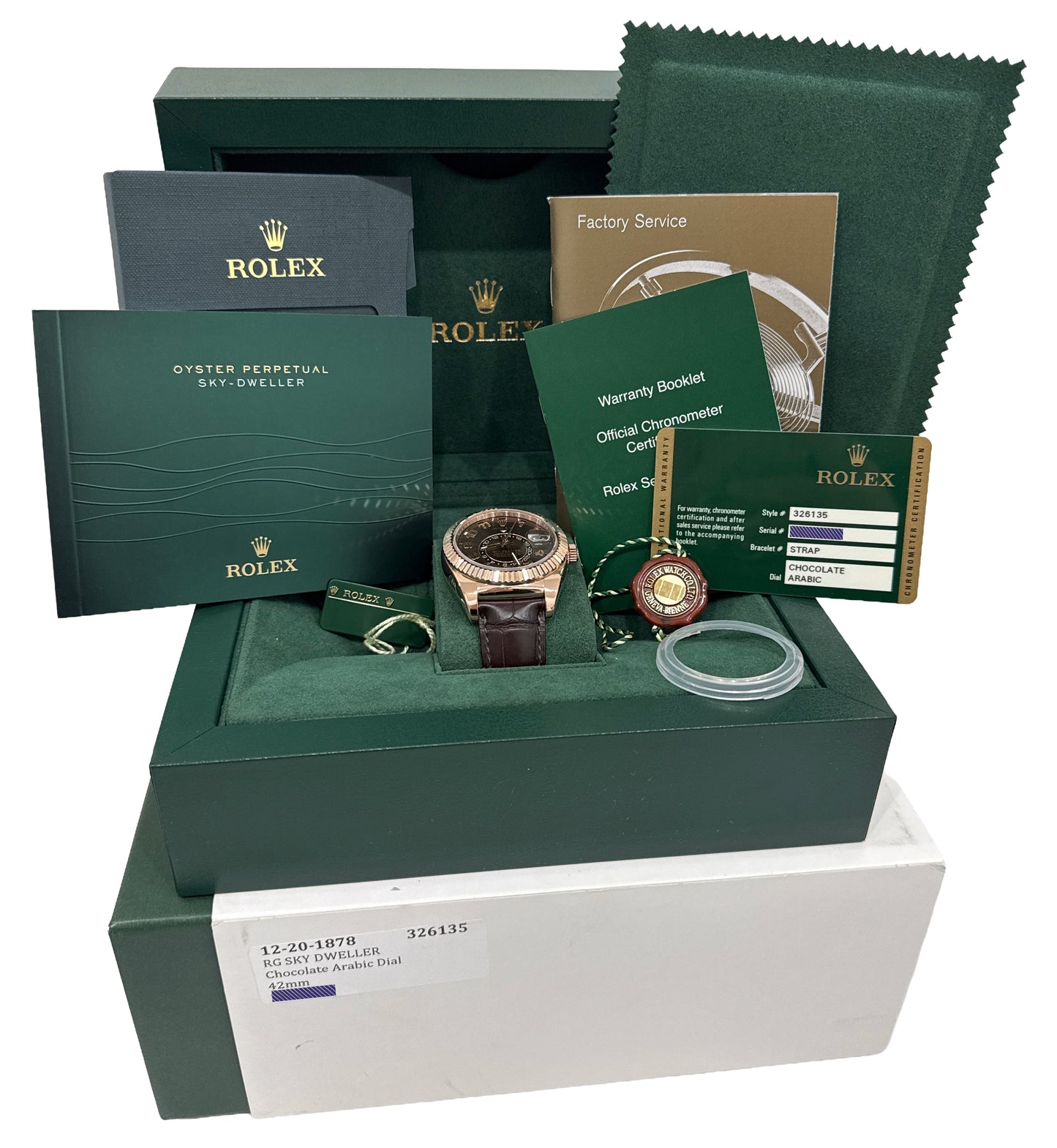 PAPERS Rolex Sky-Dweller CHOCOLATE ARABIC 42mm 18K Rose Gold Watch 326135 BOX