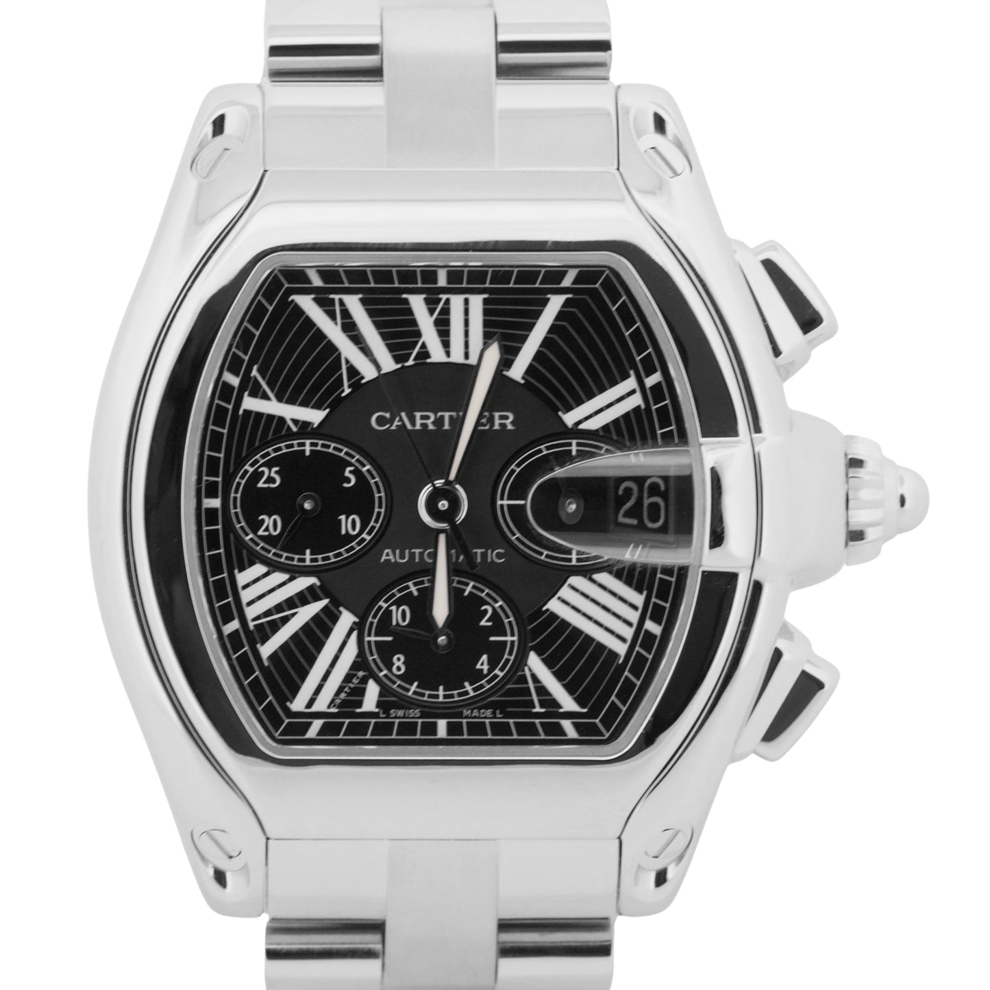 Cartier Roadster XL Chronograph BLACK Roman Steel 43mm Watch 2618 W62020X6