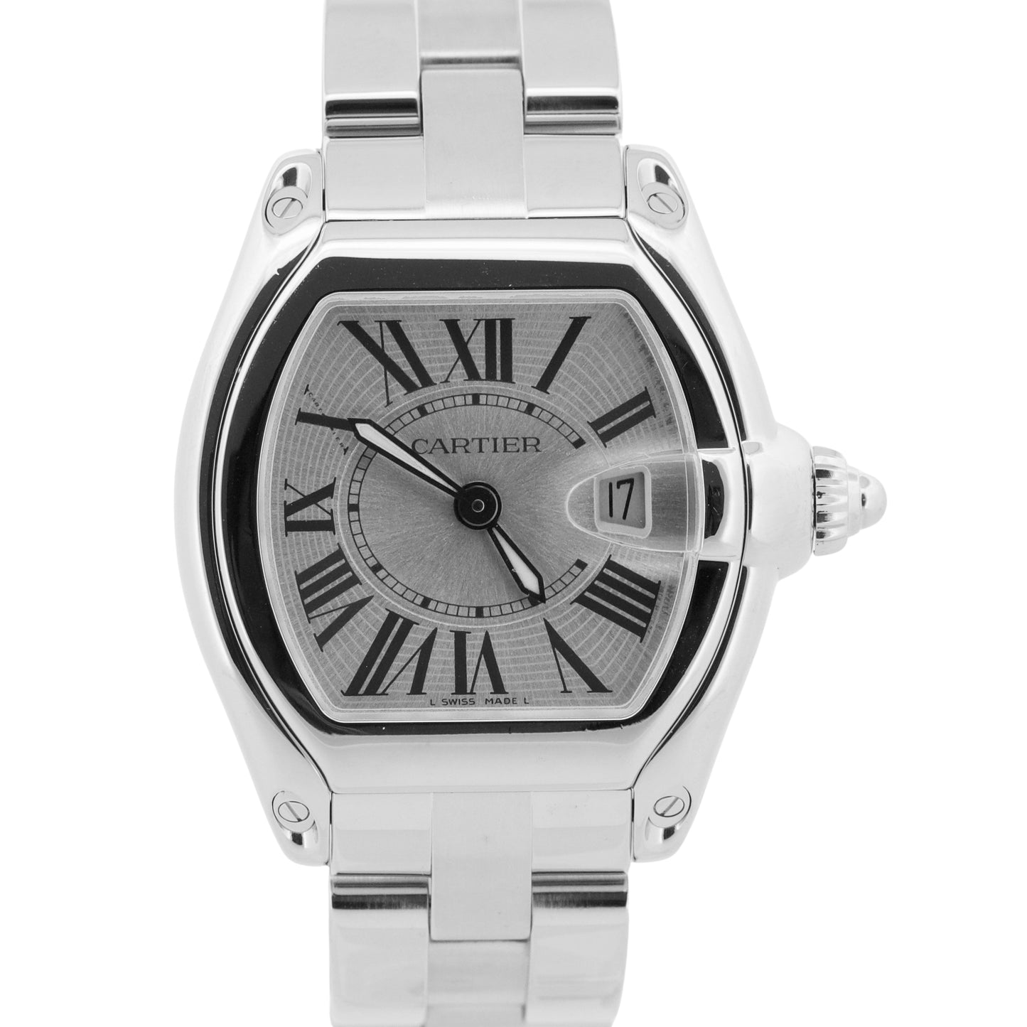 MINT Ladies Cartier Roadster SILVER Roman 2675 31mm Quartz Stainless Steel Watch