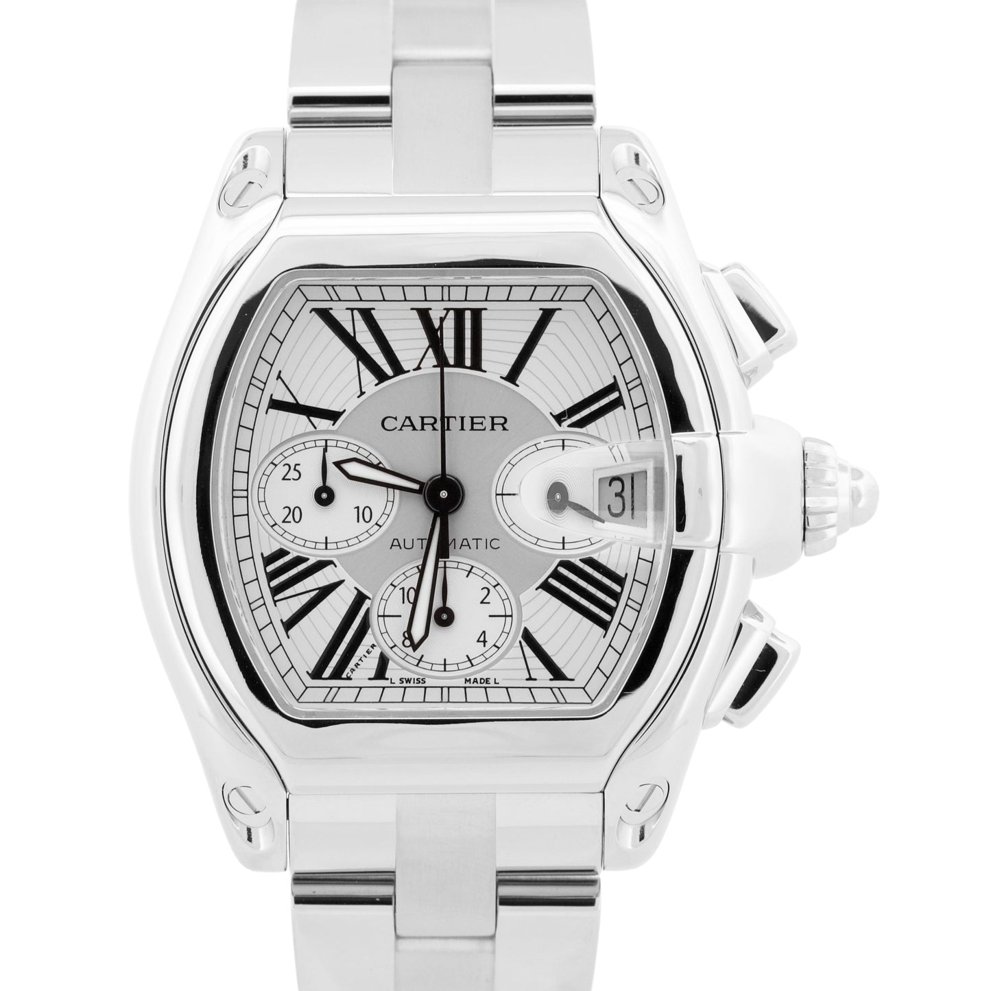 MINT Cartier Roadster XL Chronograph SILVER Roman Steel 43mm Watch 2618 W62006X6