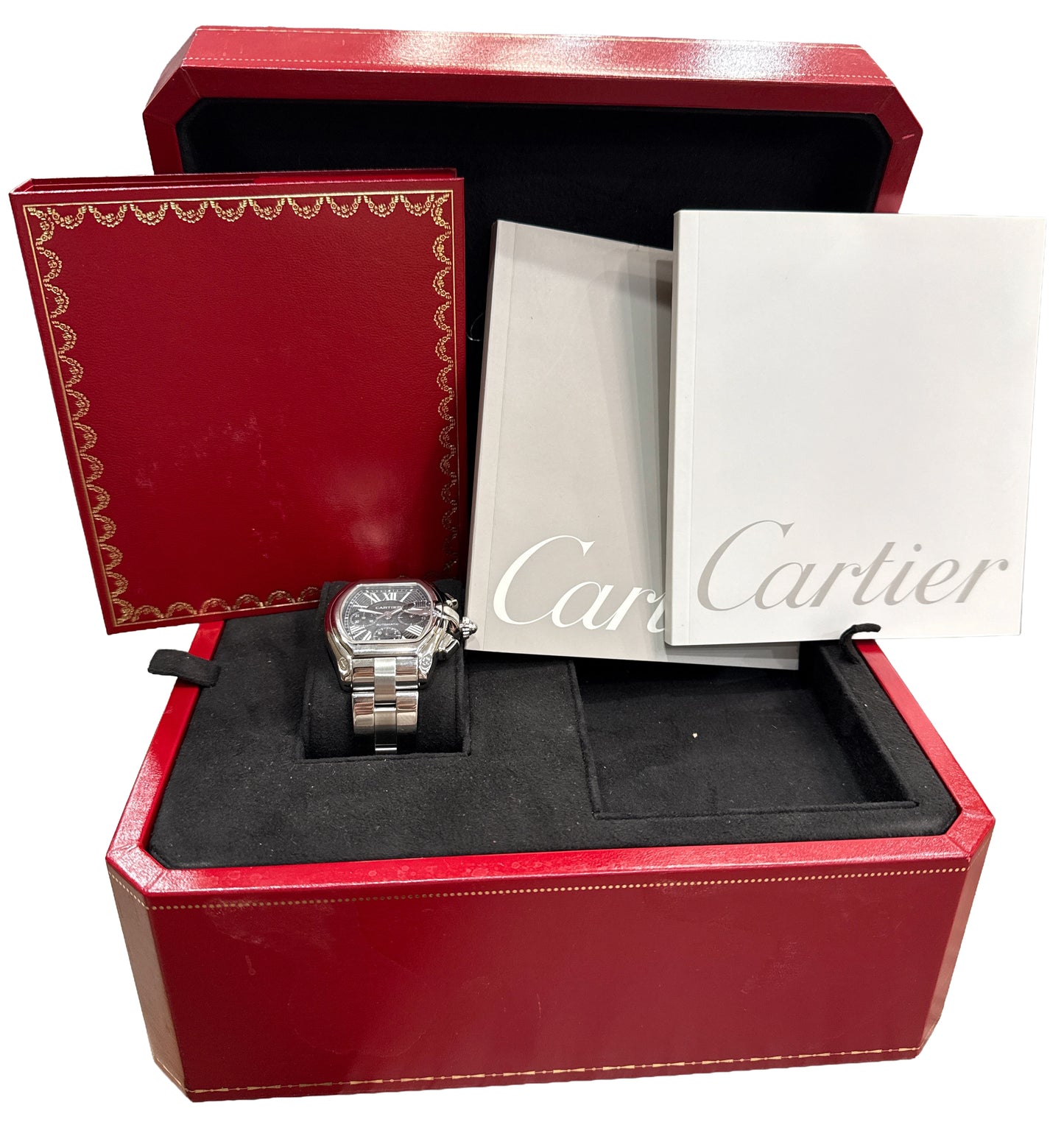 2007 PAPERS Cartier Roadster XL Chronograph BLACK Steel 2618 W62020X6 Watch BOX