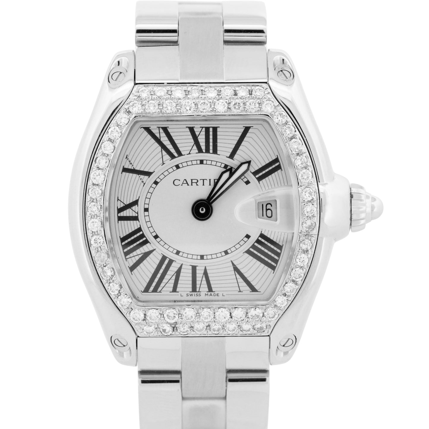 MINT Ladies Cartier Roadster SILVER Roman 2675 31mm Quartz Stainless Steel Watch
