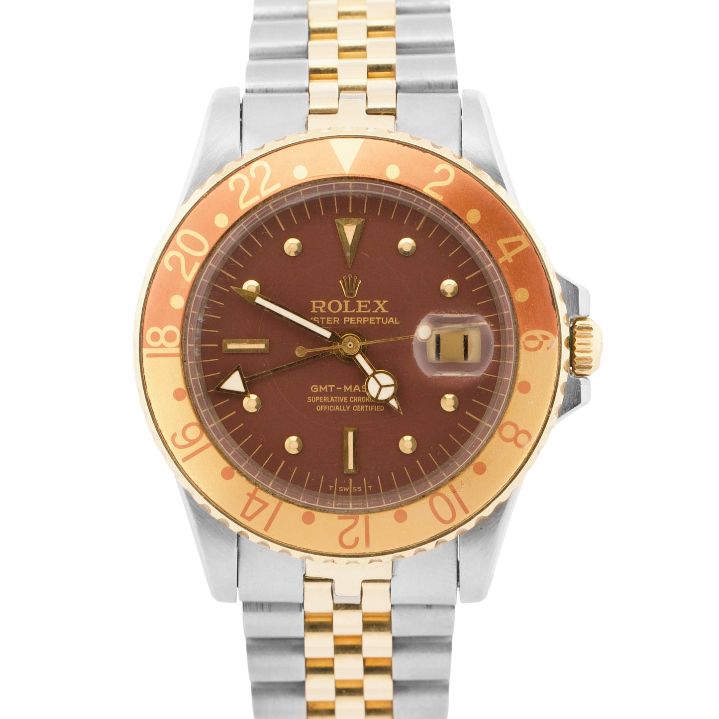 1970 Rolex GMT-Master BROWN 18K Gold Steel NIPPLE Root-Beer JUBILEE 40mm 1675