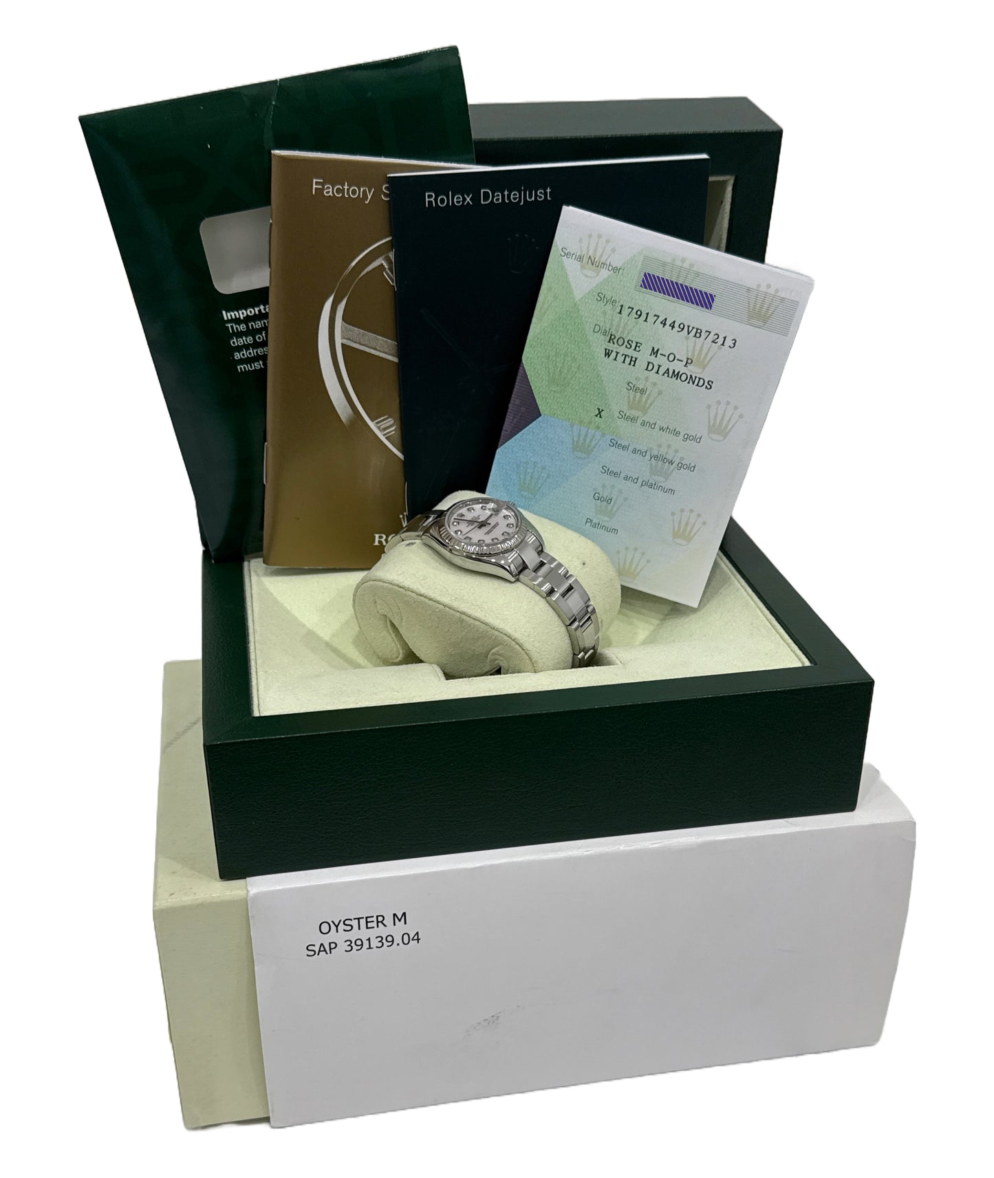 PAPERS Rolex DateJust 26mm FACTORY ROSE MOP DIAMOND 18K Steel Oyster 179174 BOX