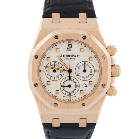 Audemars Piguet Royal Oak Chronograph WHITE 18k Rose Gold Leather 39mm 26022OR