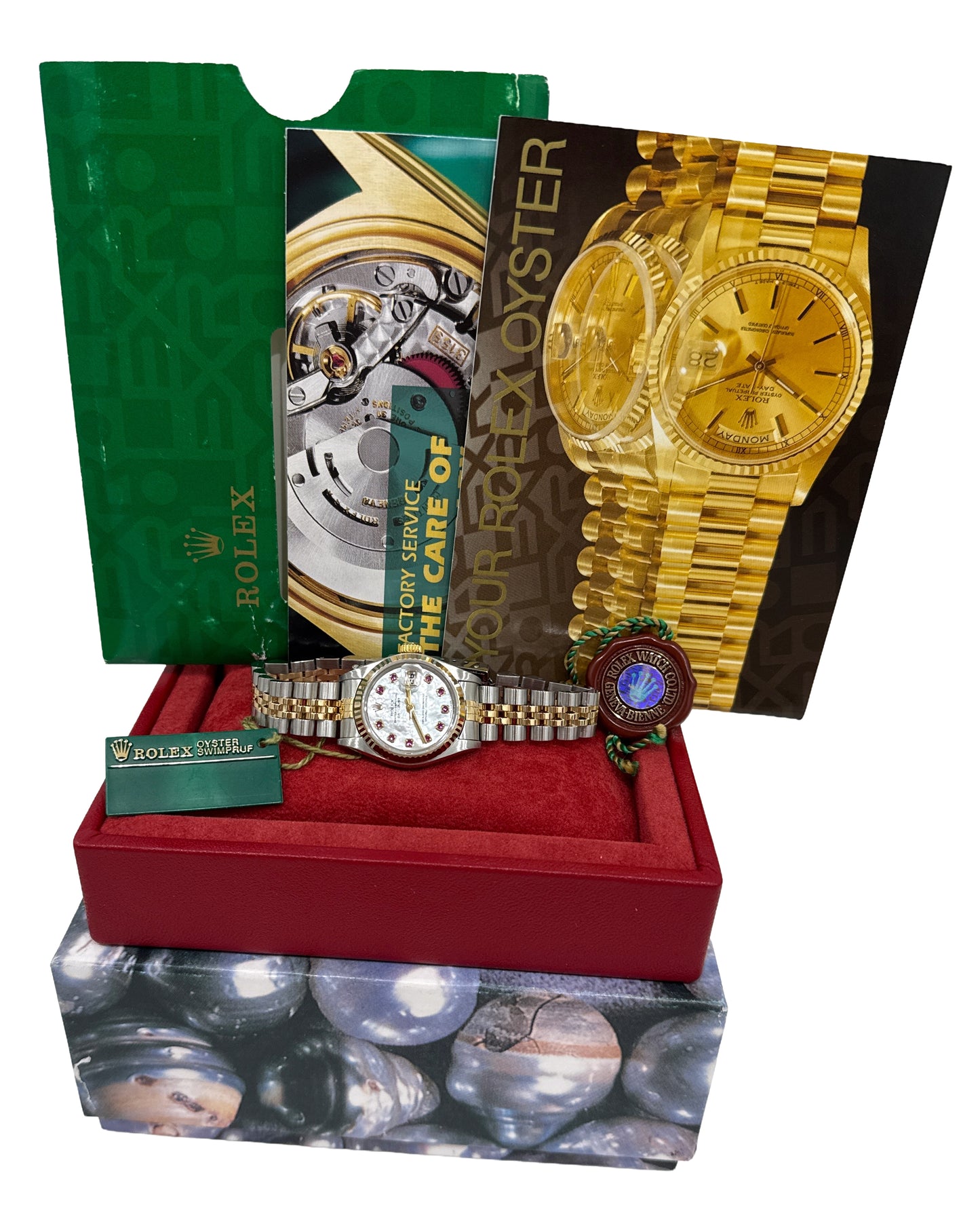 Ladies Rolex DateJust FACTORY MOTHER OF PEARL RUBY 18K 26mm JUBILEE 79173 BOX