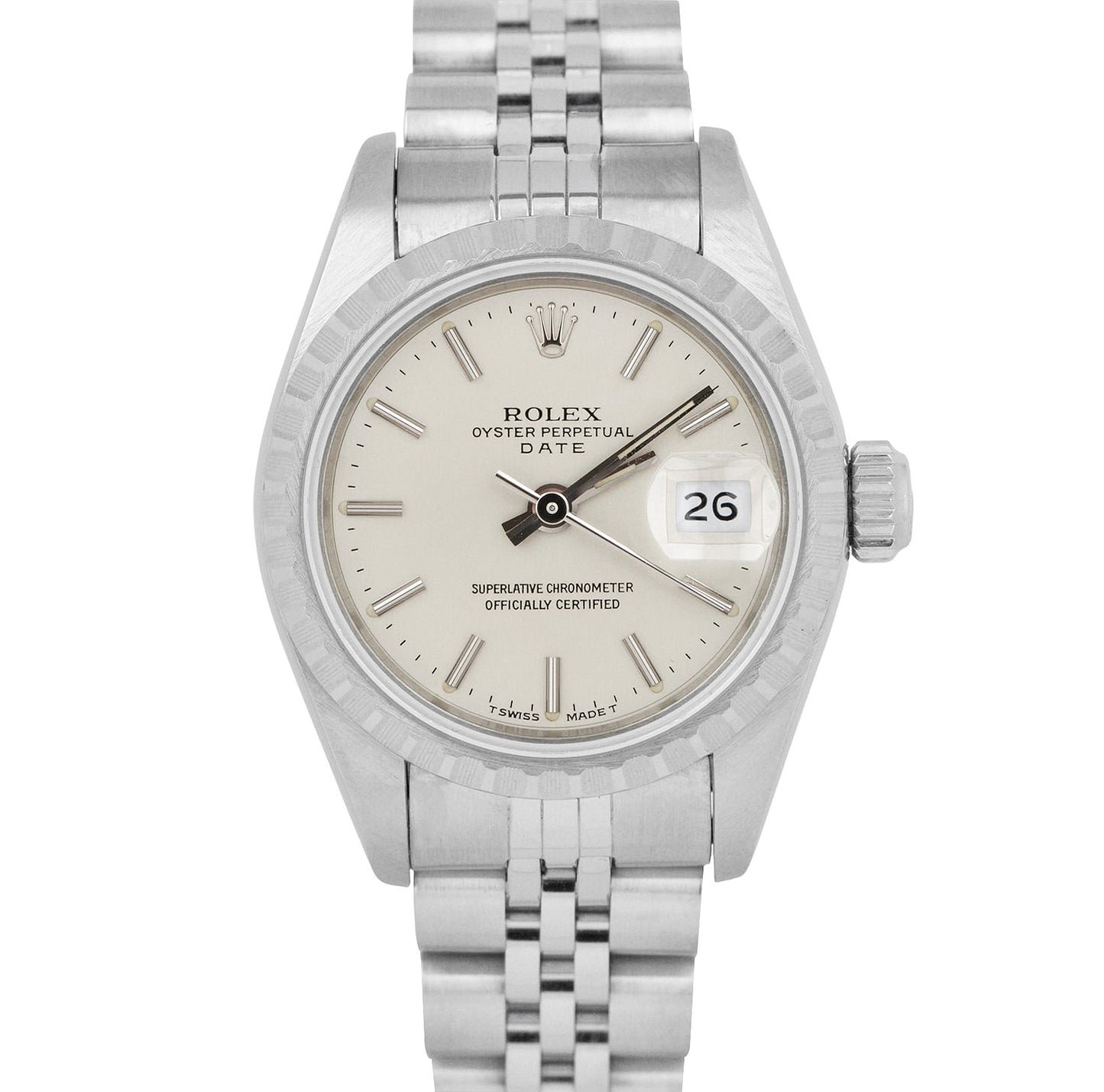 Ladies Rolex Oyster Perpetual DateJust 26 Silver Engine-Turned Jubilee 69240