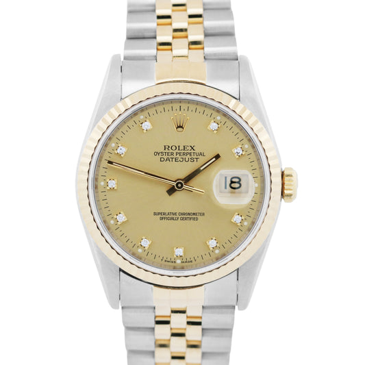 Rolex DateJust 36mm FACTORY CHAMPAGNE DIAMOND 18K Gold JUBILEE Steel 16233 Watch