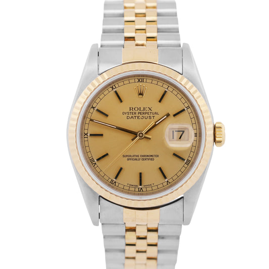 1993 Rolex DateJust 36mm CHAMPAGNE 18K Yellow Gold Stainless Steel JUBILEE 16233