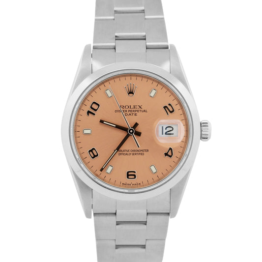2006 Rolex Oyster Perpetual Date SALMON ARABIC 34mm Steel NO-HOLES 15200 BOX