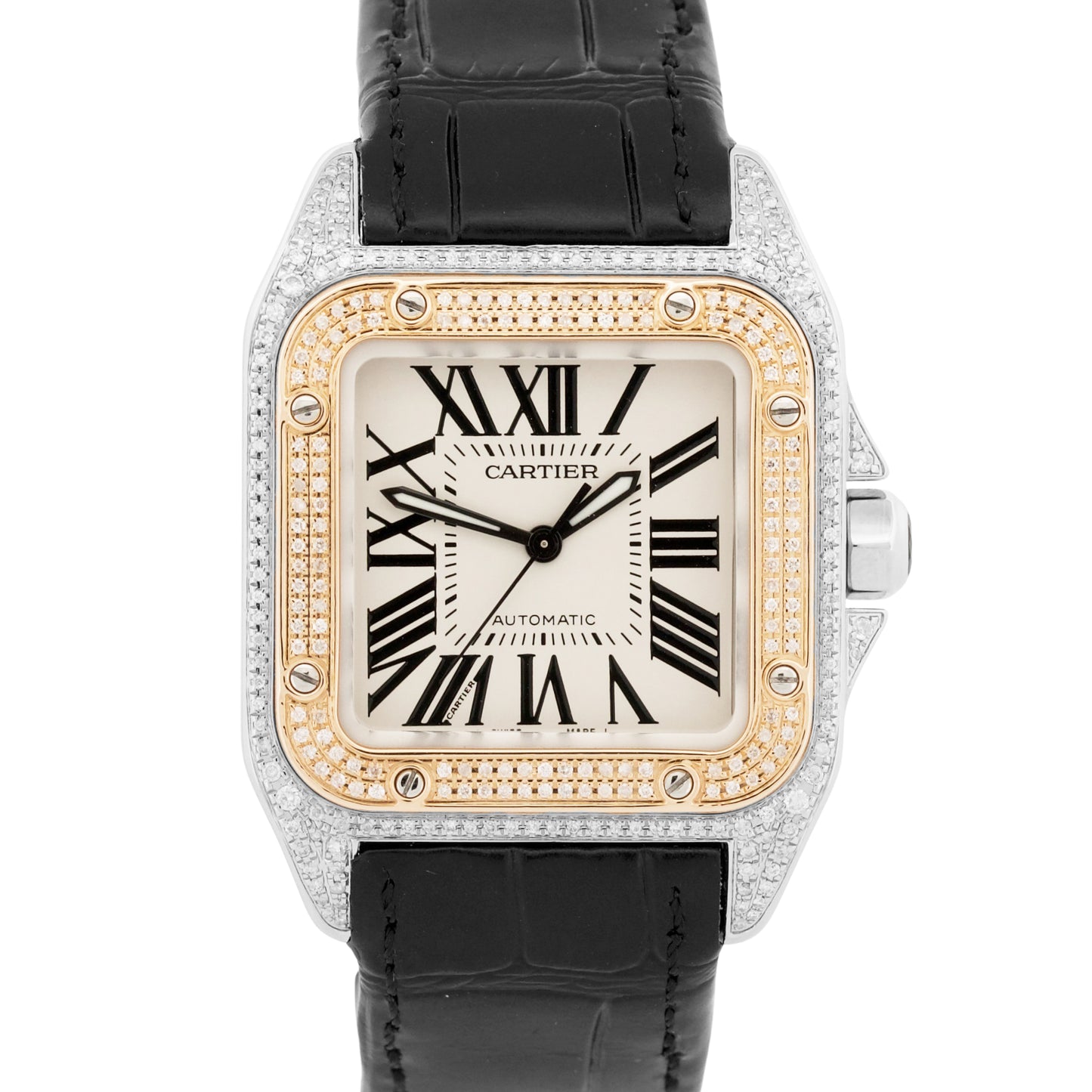 Cartier Santos 100 PAVE DIAMOND 33mm Two-Tone 18K Rose Gold Steel 2878 W20107X7