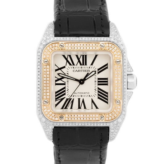 Cartier Santos 100 PAVE DIAMOND 33mm Two-Tone 18K Rose Gold Steel 2878 W20107X7