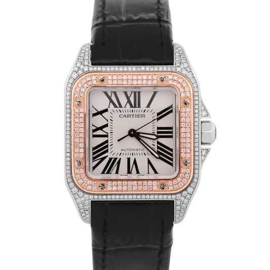 Cartier Santos 100 PAVE DIAMOND 33mm Two-Tone 18K Rose Gold Steel 2878 W20107X7