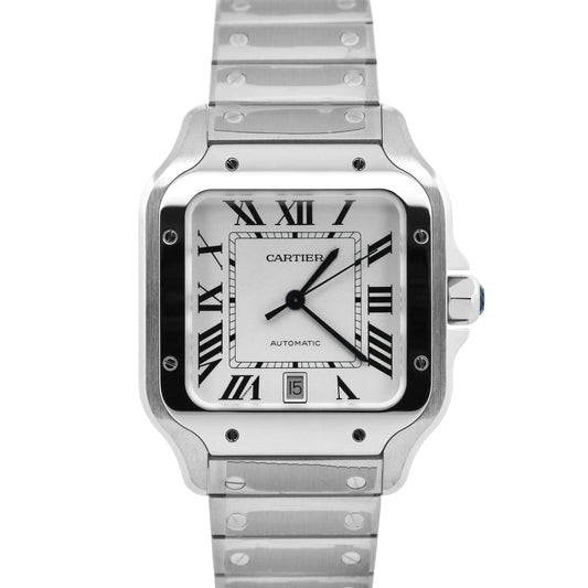 NEW STICKERED PAPERS Cartier Santos 39.8mm White Roman Steel 4072 WSSA0018 BOX
