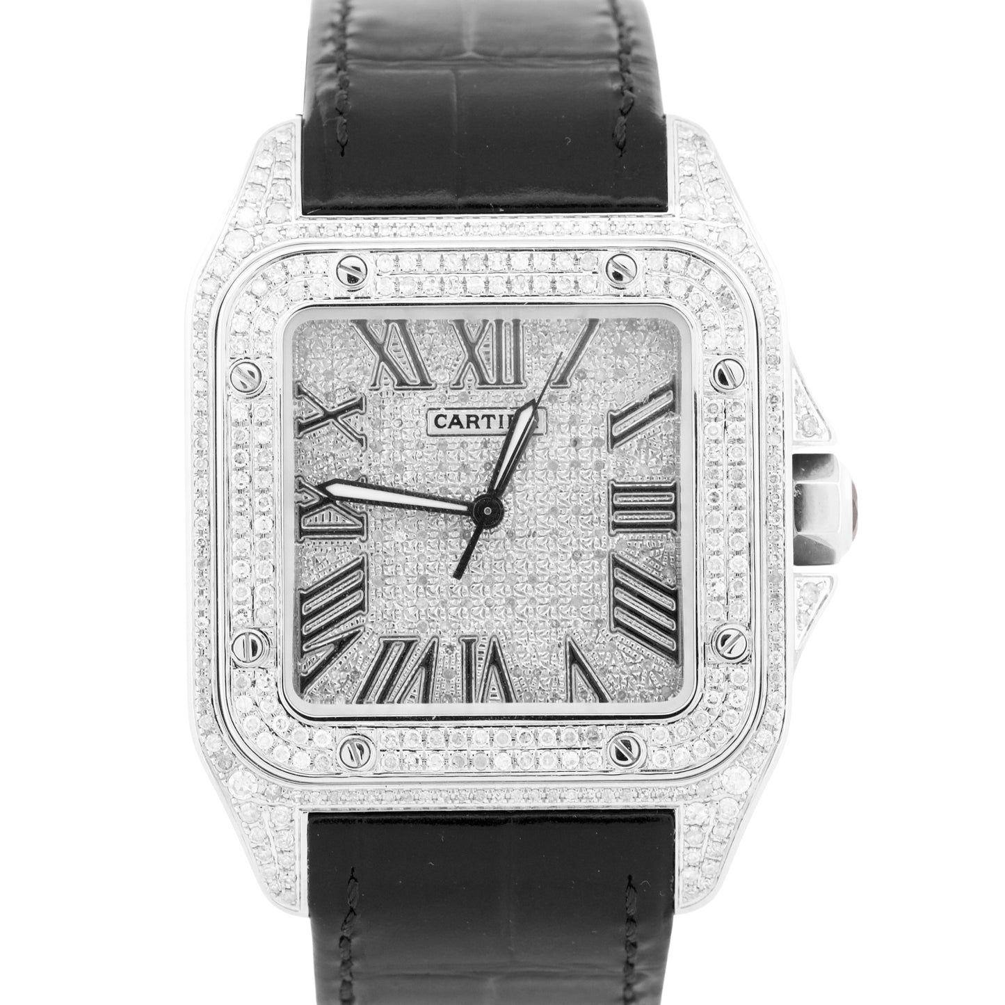 MINT Cartier Santos 100 XL PAVE DIAMOND Stainless Steel Leather 38mm 2656 Watch