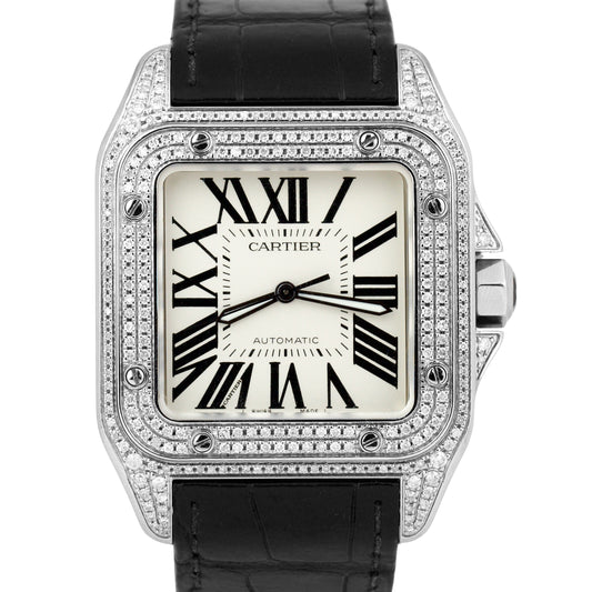 Cartier Santos 100 XL 38mm Stainless Steel DIAMOND Ivory Watch 2656 / W20073X8