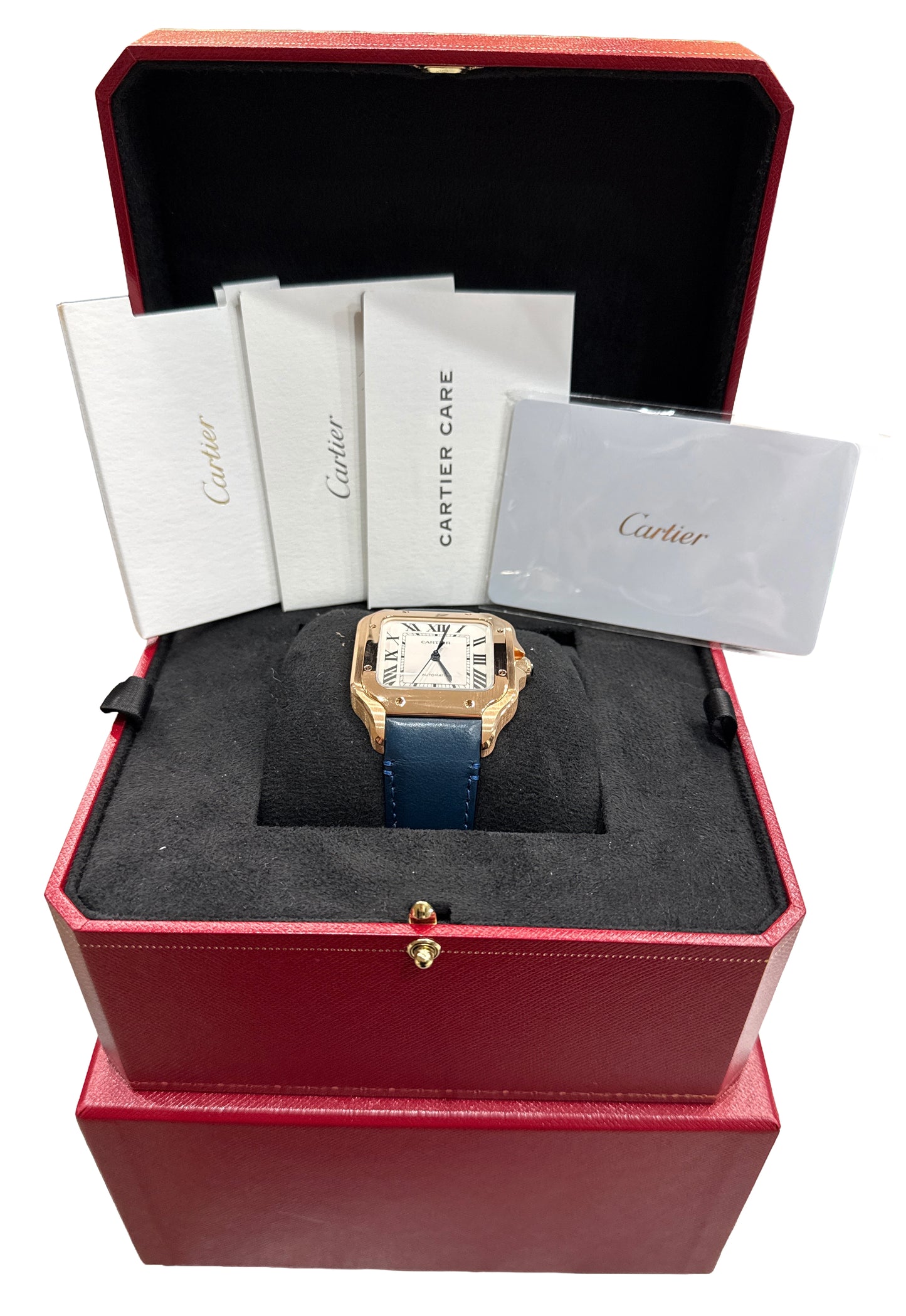 NEW 2024 PAPERS Cartier Santos 39.8mm 18K Gold BLUE Leather 4071 WGSA0019 BOX