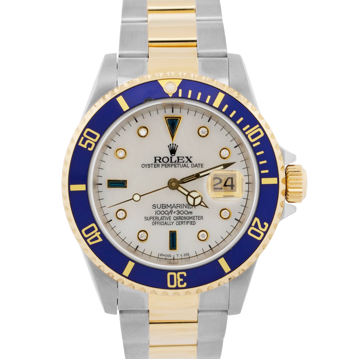 1999 Rolex Submariner Date SERTI MOP DIAMOND 40mm 18K GOLD BUCKLE Steel 16613