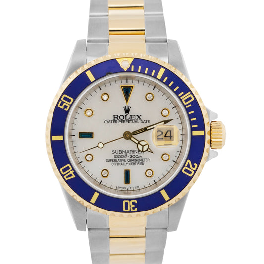 1999 Rolex Submariner Date SERTI MOP DIAMOND 40mm 18K GOLD BUCKLE Steel 16613