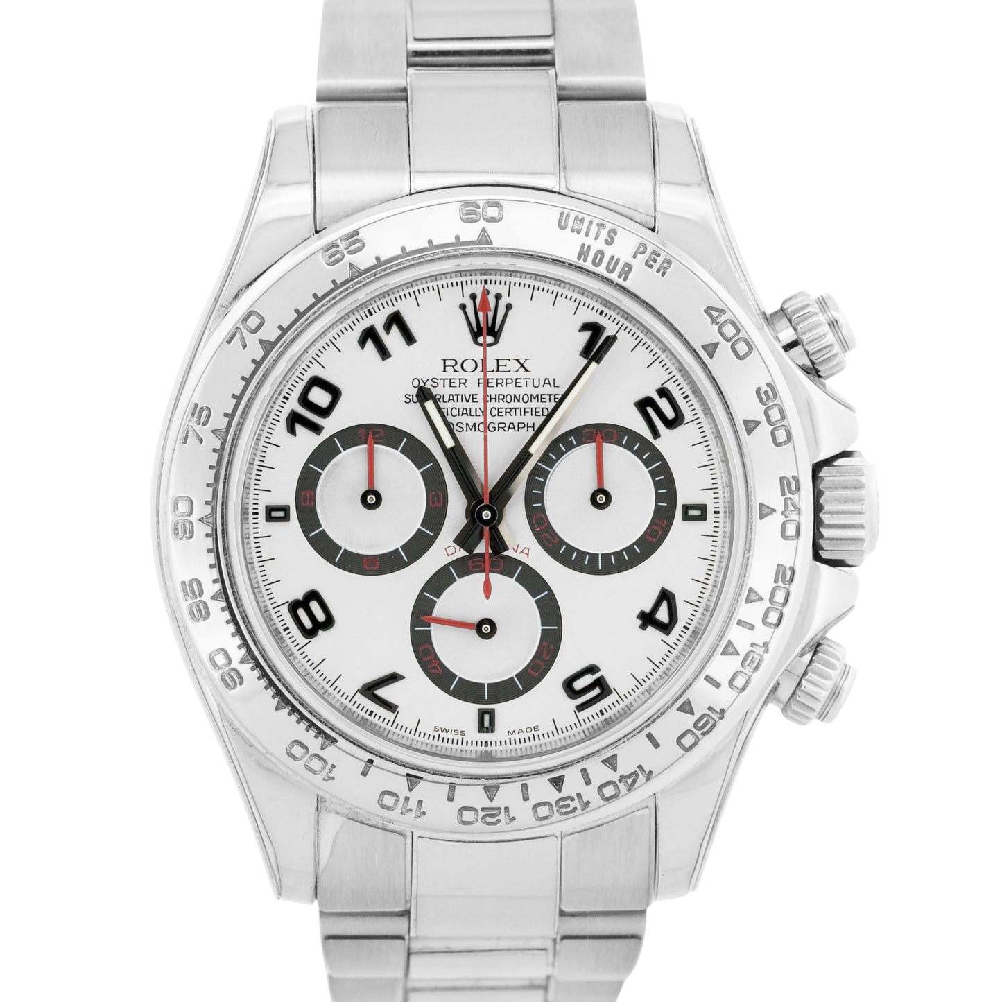 Rolex Daytona Cosmograph SILVER RACING Arabic Red 18K White Gold Watch 116509