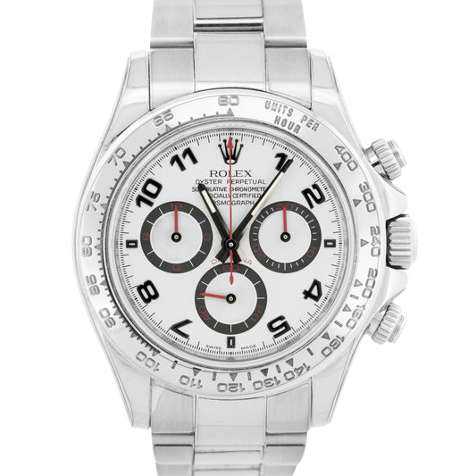 Rolex Daytona Cosmograph SILVER RACING Arabic Red 18K White Gold Watch 116509