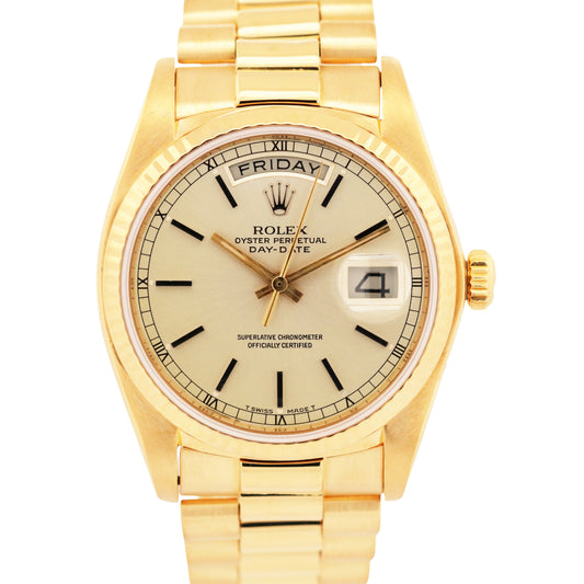 VINTAGE 1982 Rolex Day-Date President SILVER 36mm 18K Yellow Gold Fluted 18038