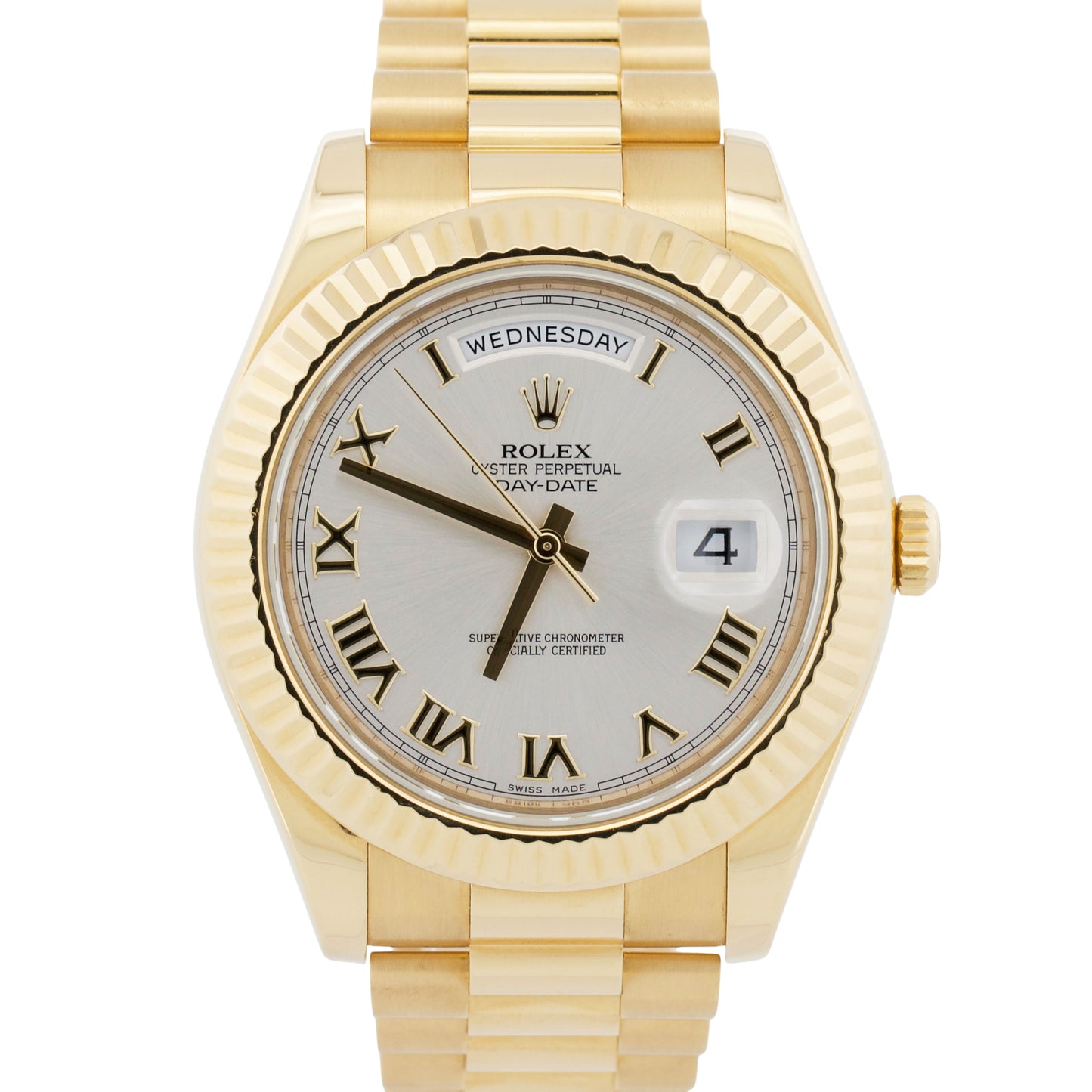 Rolex Day-Date II President 41mm SILVER ROMAN 18K Yellow Gold 218238 Watch