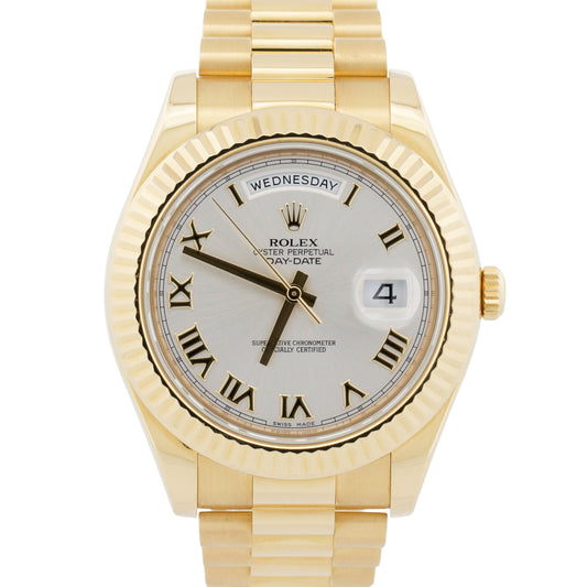 Rolex Day-Date II President 41mm SILVER ROMAN 18K Yellow Gold 218238 Watch