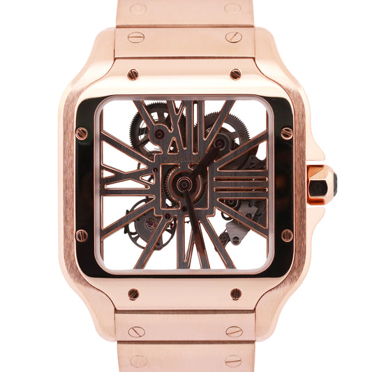2025 PAPERS Cartier Santos 39.8mm SKELETON 18K Rose Gold 4110 WHSA0016 BOX