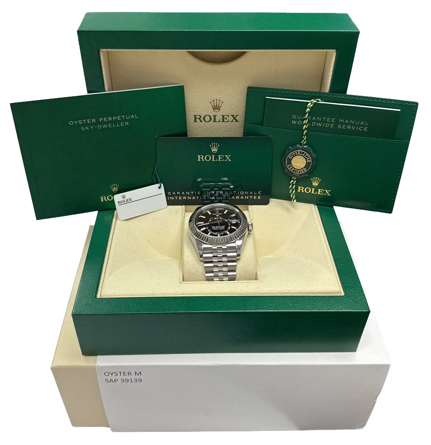 2022 PAPERS Rolex Sky-Dweller BLACK Steel 18K White Gold 42mm JUBILEE 326934 BOX