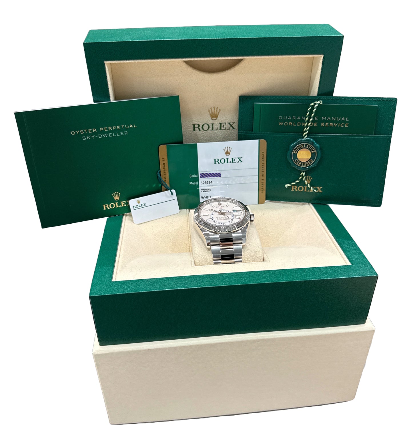 PAPERS Rolex Sky-Dweller WHITE 18K Gold Stainless 42mm OYSTER 326934 Watch BOX