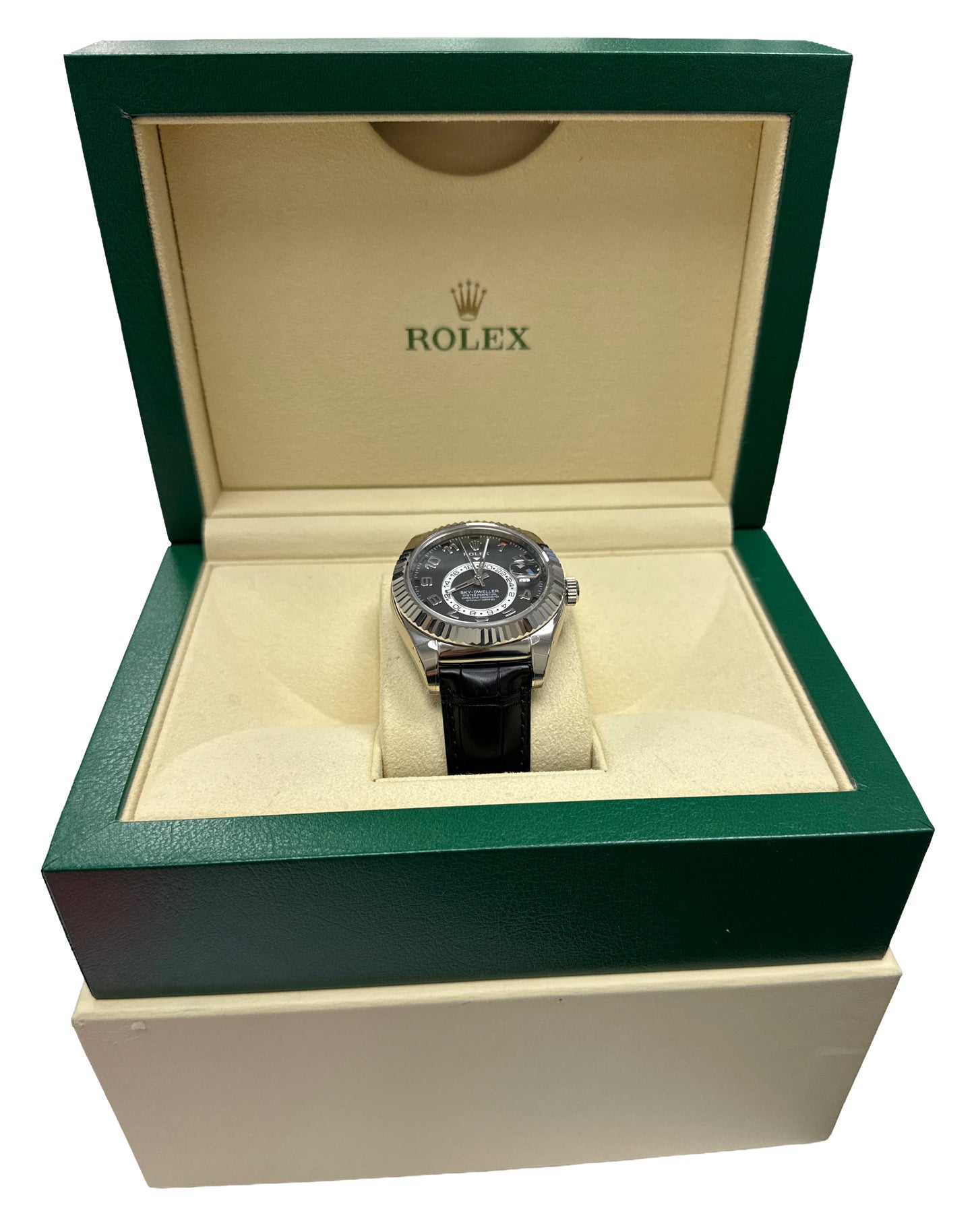 STICKERED Rolex Sky-Dweller BLACK ARABIC 18K White Gold Leather 42mm 326139 BOX